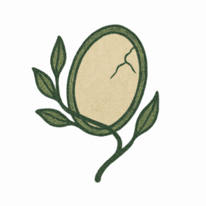 Exploring Mimi logo featuring a cracked vintage mirror entwined with soft green vines, symbolizing self-reflection, imperfection, and growth.